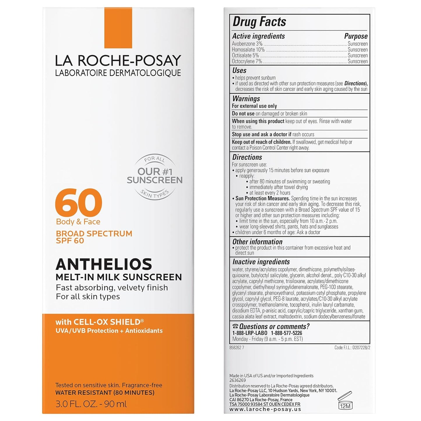 La Roche-Posay Anthelios Melt-In Milk Sunscreen SPF 60, Sunscreen for Body & Face, Broad Spectrum SPF + Antioxidants, Oil Free, Lightweight & Fast Absorbing, Oxybenzone Free